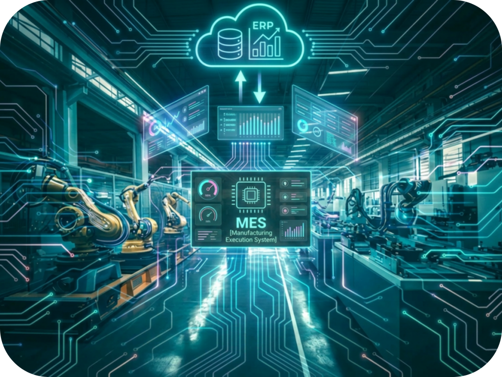 Picture representing advanced MES consulting, manufacturing digitalization, and smart factory solutions for industrial companies.